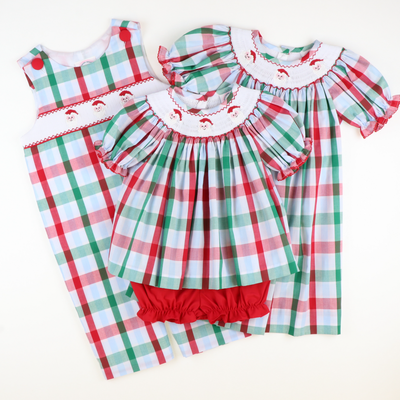 Smocked Santa Faces Longall - Christmas Party Plaid