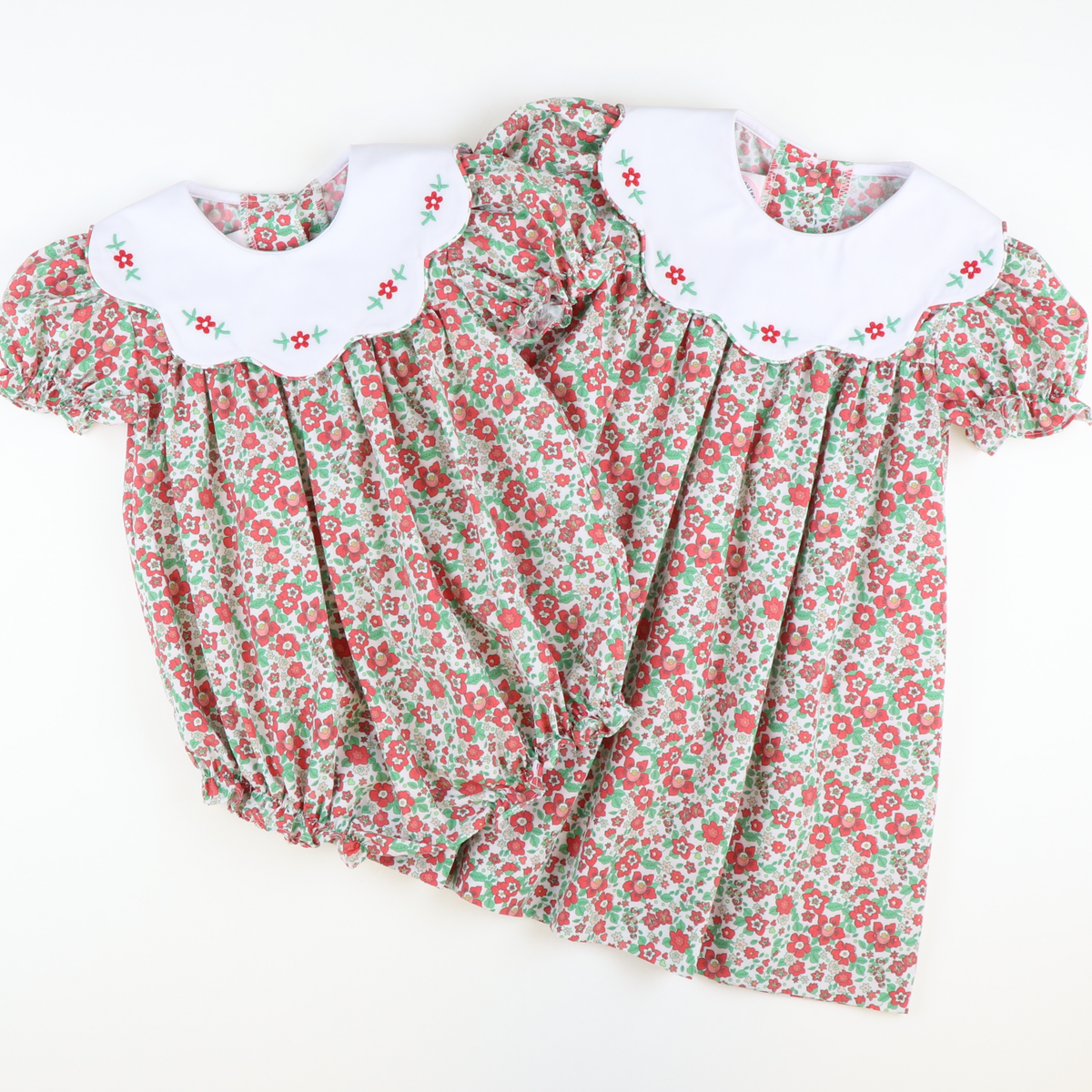 Embroidered Flowers Scalloped Collar Girl Bubble - Christmas Floral