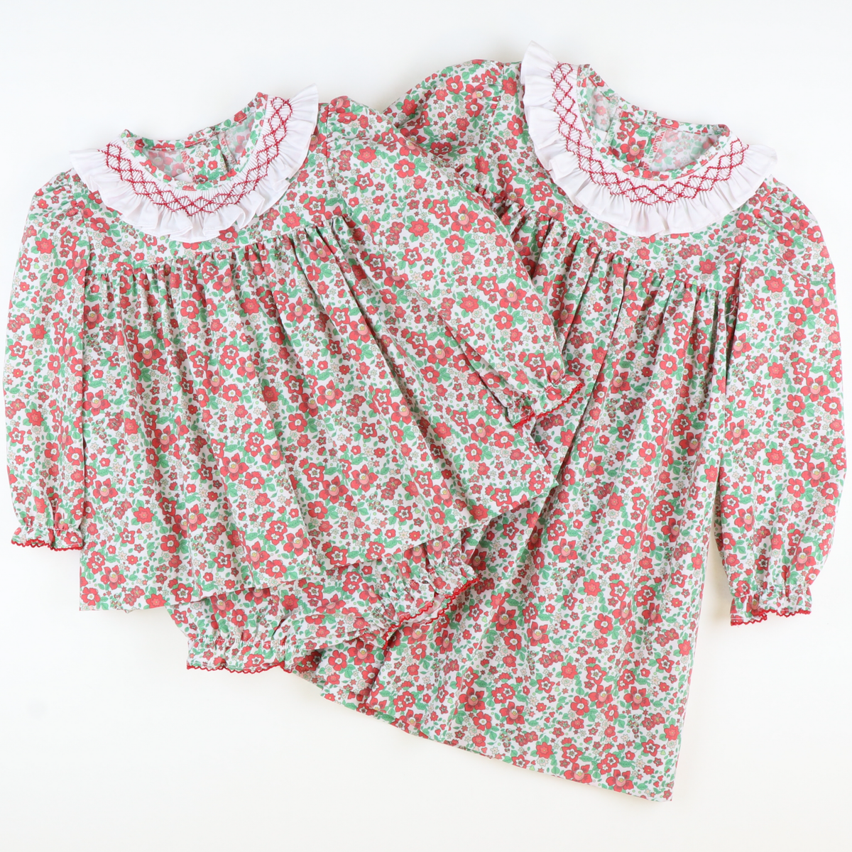 Smocked Christmas Floral Ruffle Neck Top & Bloomer Set