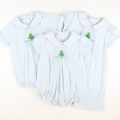 Smocked Christmas Tree Collared Dress - Light Blue Check Flannel