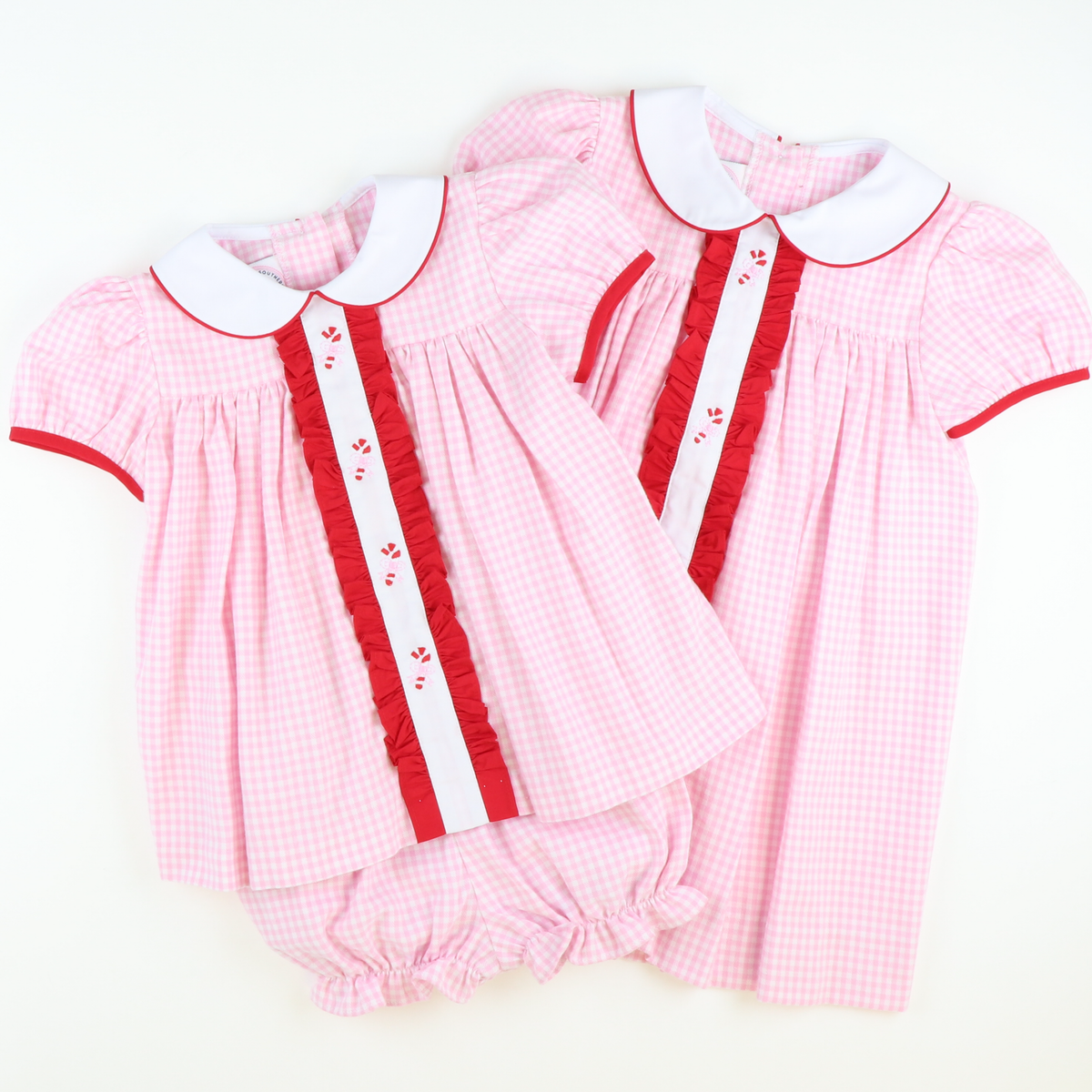 Embroidered Candy Canes Collared Dress - Light Pink Check Flannel