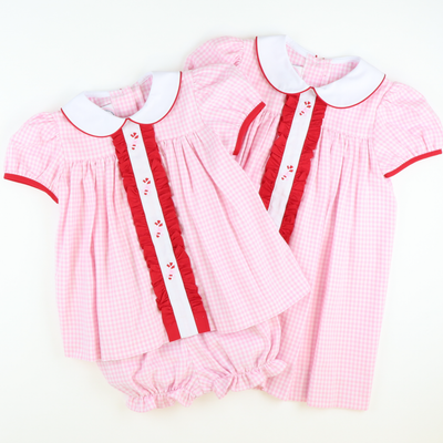 Embroidered Candy Canes Collared Top & Bloomer Set- Light Pink Check Flannel