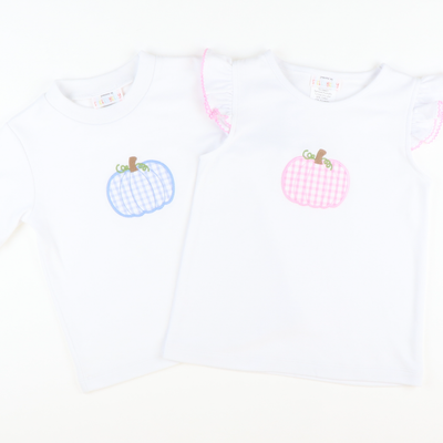 Blue Check Pumpkin Appliqué Short Sleeve Shirt