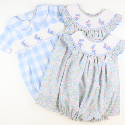 Smocked Blue Silhouette Bunnies Boy Collared Bubble - Light Blue Wide Check