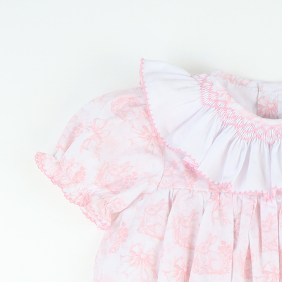 Smocked Ruffle Neck Dress- Pink Bunny Toile