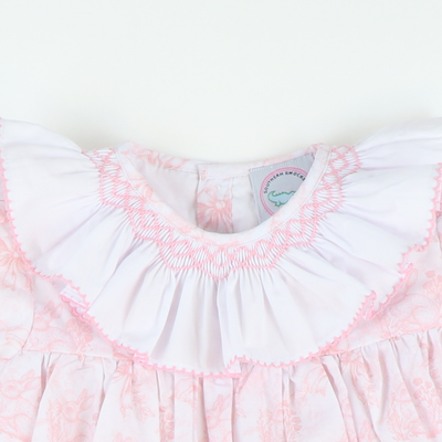 Smocked Ruffle Neck Dress- Pink Bunny Toile
