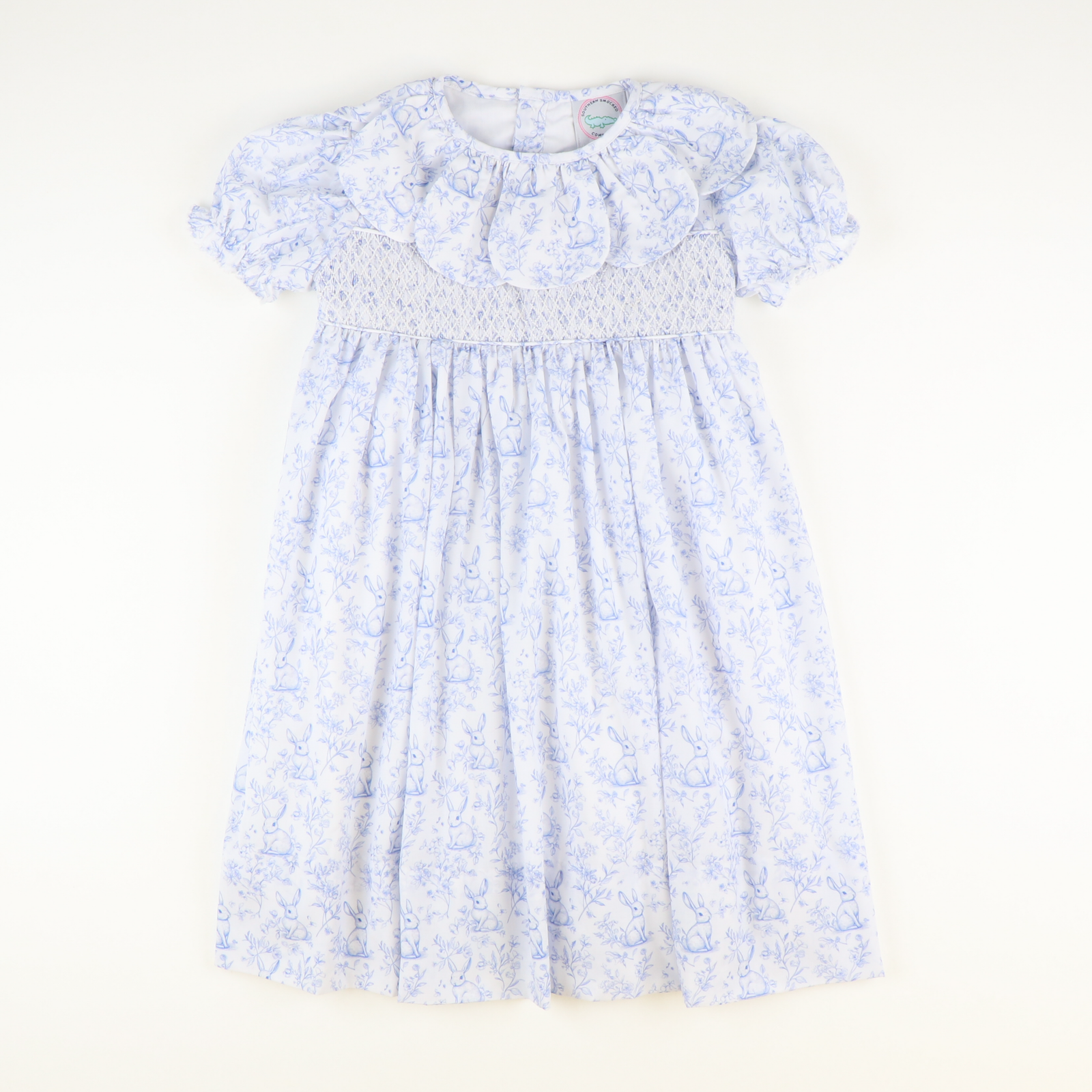 Petal Collar Smocked Dress- Blue Bunny Toile