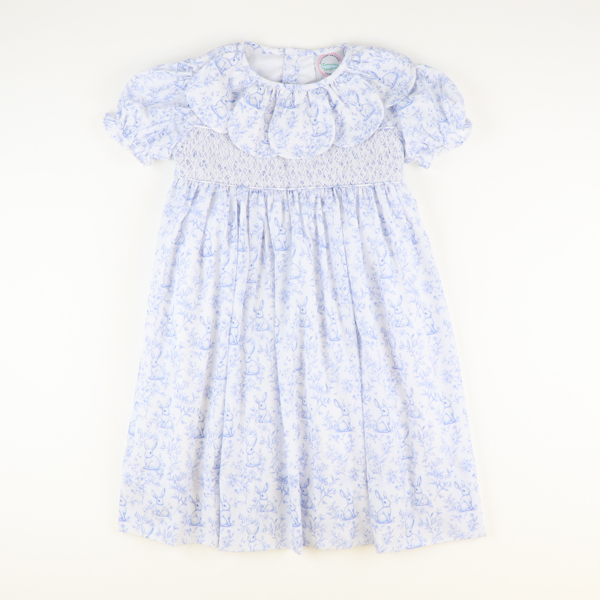 Petal Collar Smocked Dress- Blue Bunny Toile Petal Collar Smocked Dress- Blue Bunny Toile