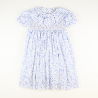 Petal Collar Smocked Dress- Blue Bunny Toile