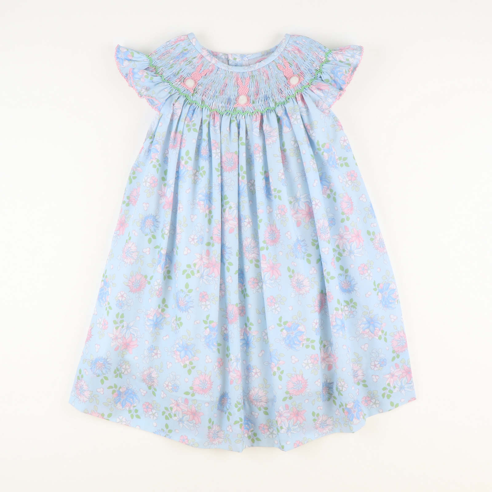 Smocked Cottontail Bunnies Bishop- Blue Floral