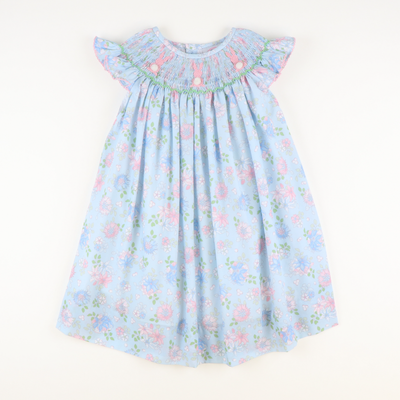 Smocked Cottontail Bunnies Bishop- Blue Floral