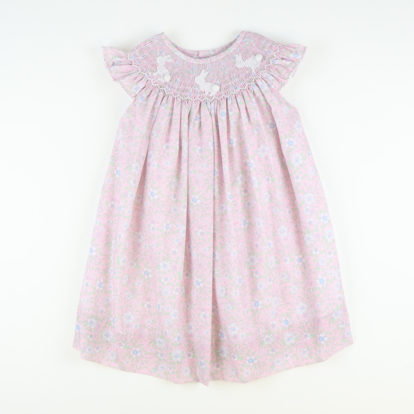 Smocked White Silhouette Bunnies Bishop- Pink Floral