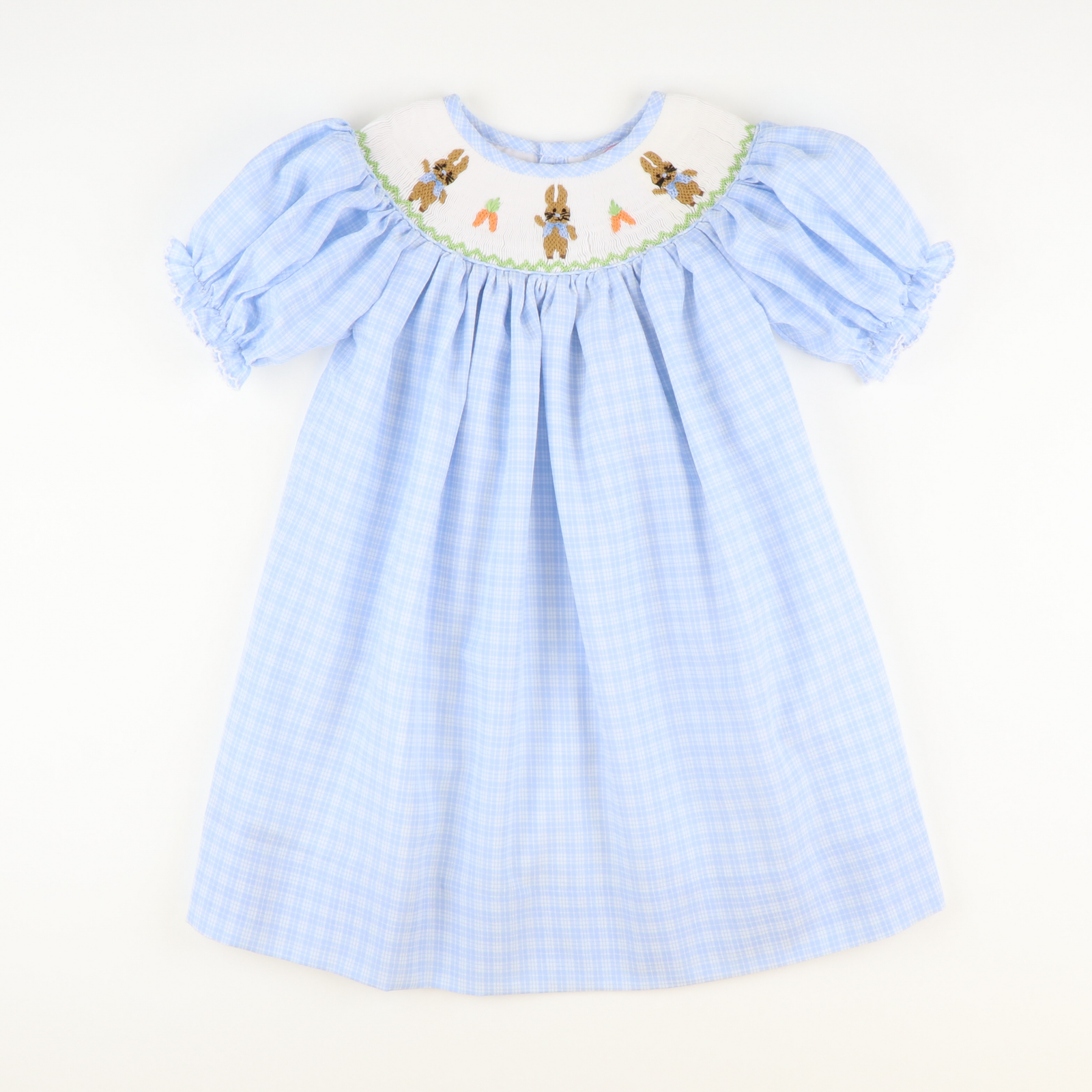 Smocked Storybook Rabbits Bishop - Light Blue Plaid