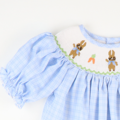 Smocked Storybook Rabbits Girl Bubble - Light Blue Plaid
