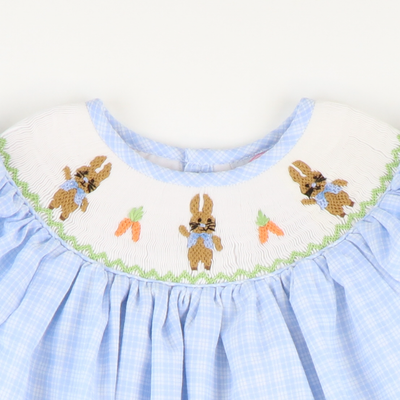 Smocked Storybook Rabbits Girl Bubble - Light Blue Plaid