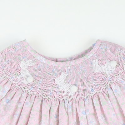Smocked White Silhouette Bunnies Bishop- Pink Floral