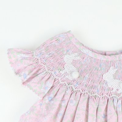 Smocked White Silhouette Bunnies Girl Bubble - Pink Floral