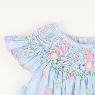 Smocked Cottontail Bunnies Girl Bubble - Blue Floral