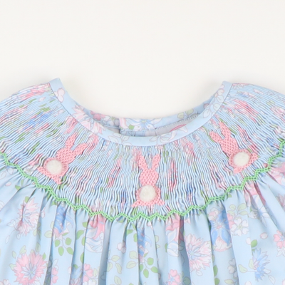 Smocked Cottontail Bunnies Girl Bubble - Blue Floral