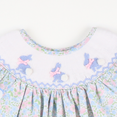 Smocked Blue Silhouette Bunnies Bishop- Floral