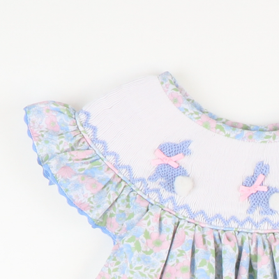 Smocked Blue Silhouette Bunnies Girl Bubble - Floral