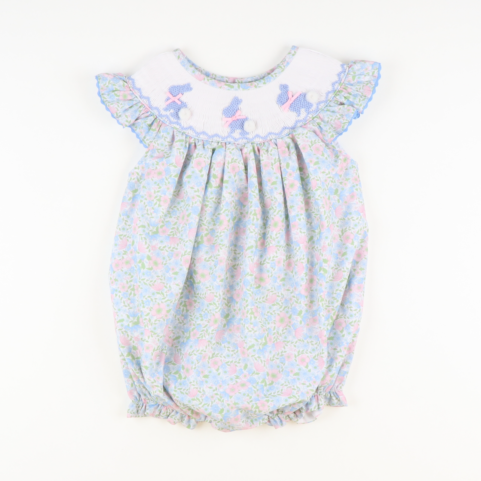 Smocked Blue Silhouette Bunnies Girl Bubble - Floral