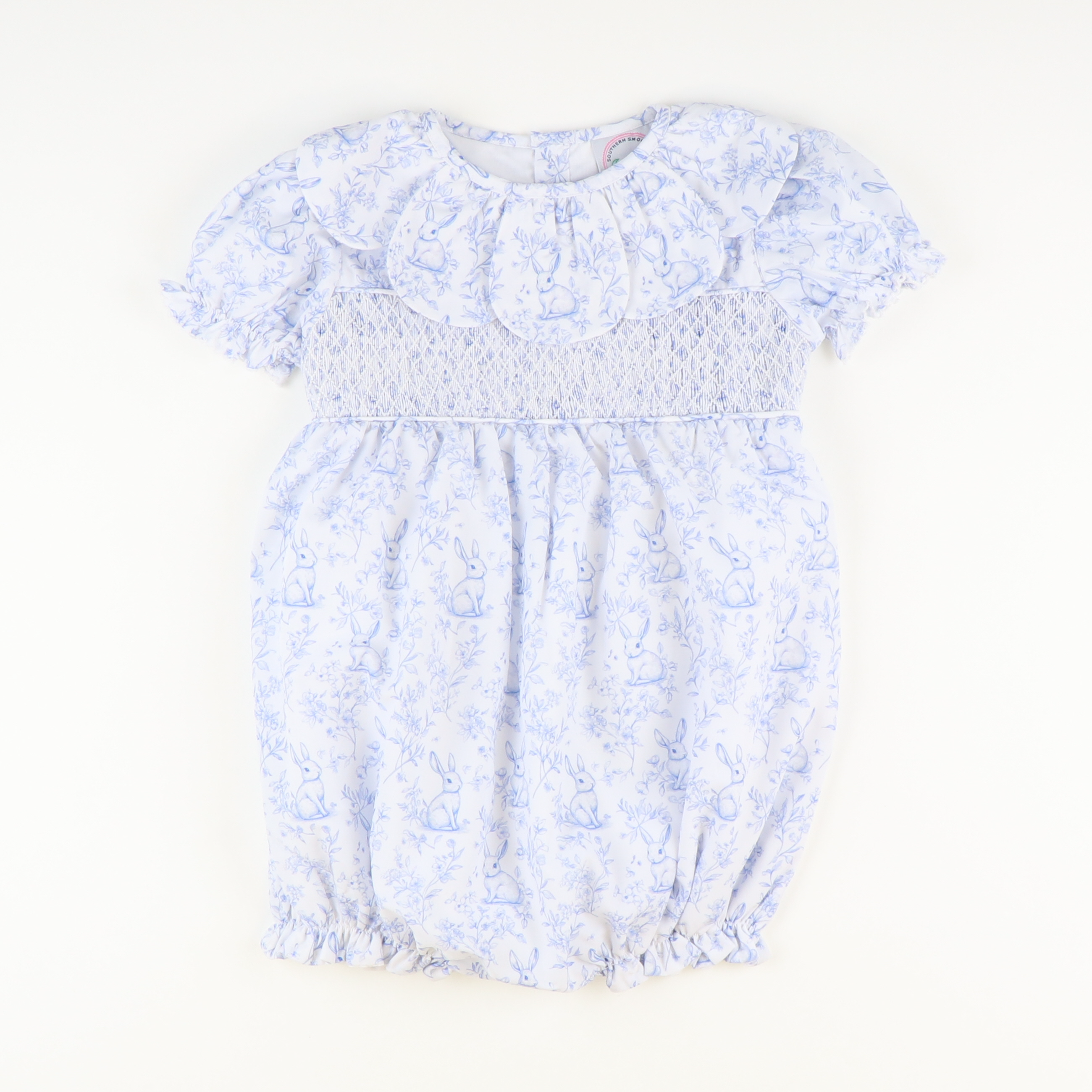 Petal Collar Smocked Girl Bubble - Blue Bunny Toile