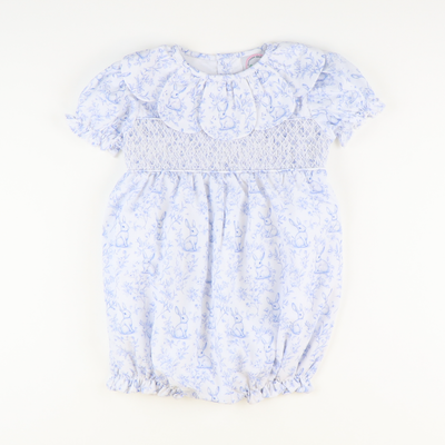 Petal Collar Smocked Girl Bubble - Blue Bunny Toile