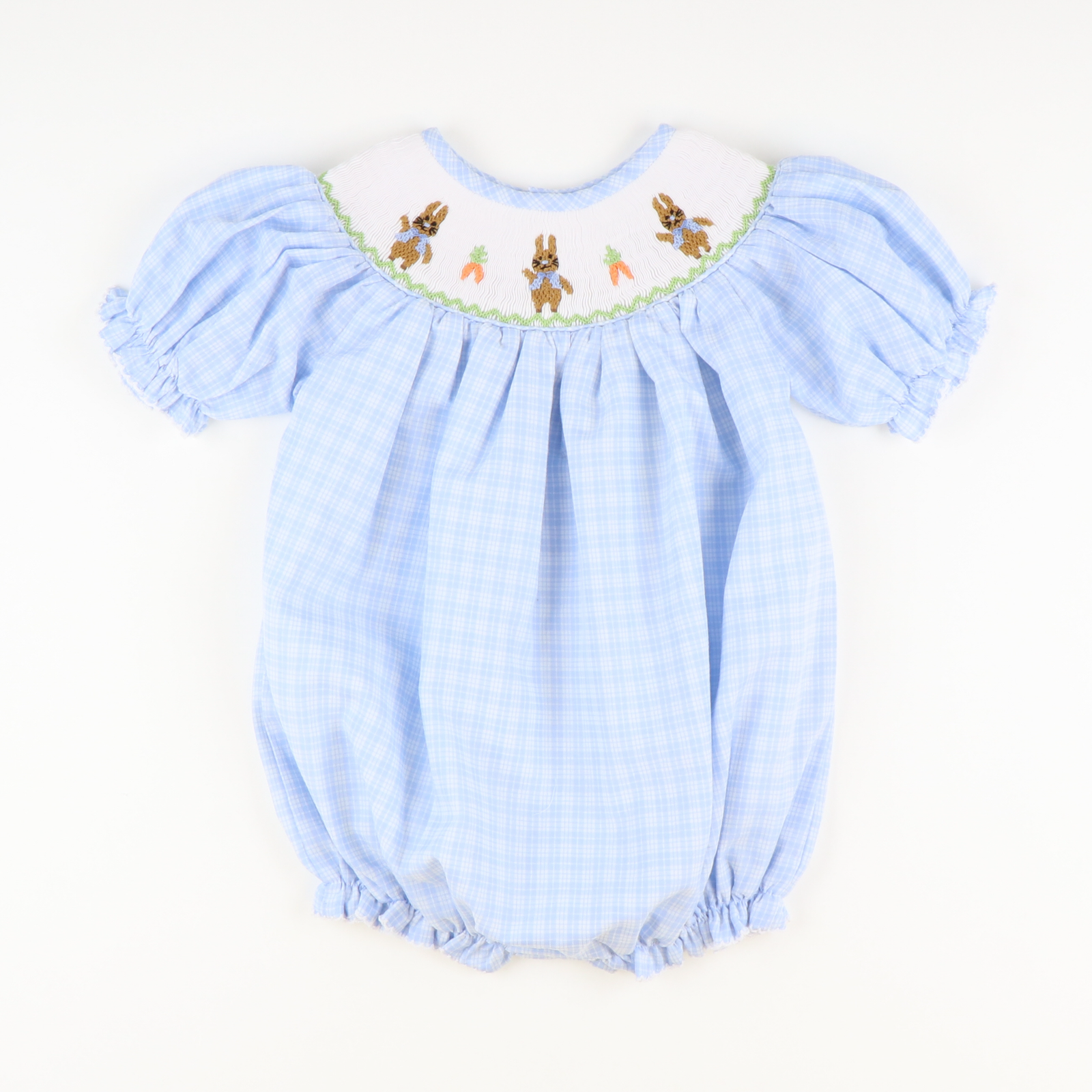 Smocked Storybook Rabbits Girl Bubble - Light Blue Plaid