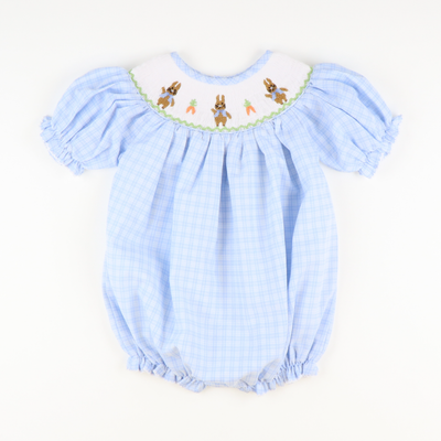 Smocked Storybook Rabbits Girl Bubble - Light Blue Plaid