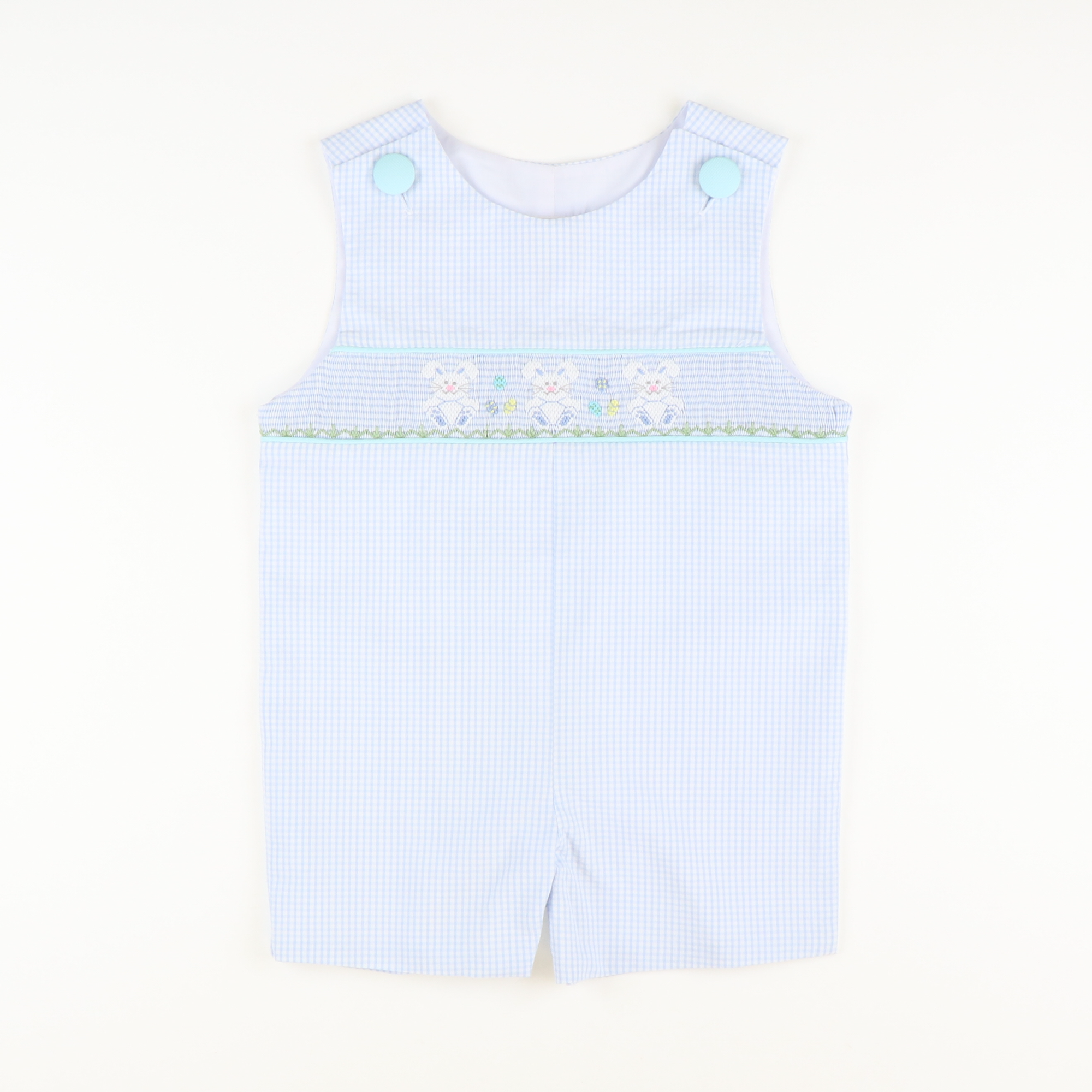 Smocked Easter Egg Hunt Shortall - Light Blue Mini Check Seersucker