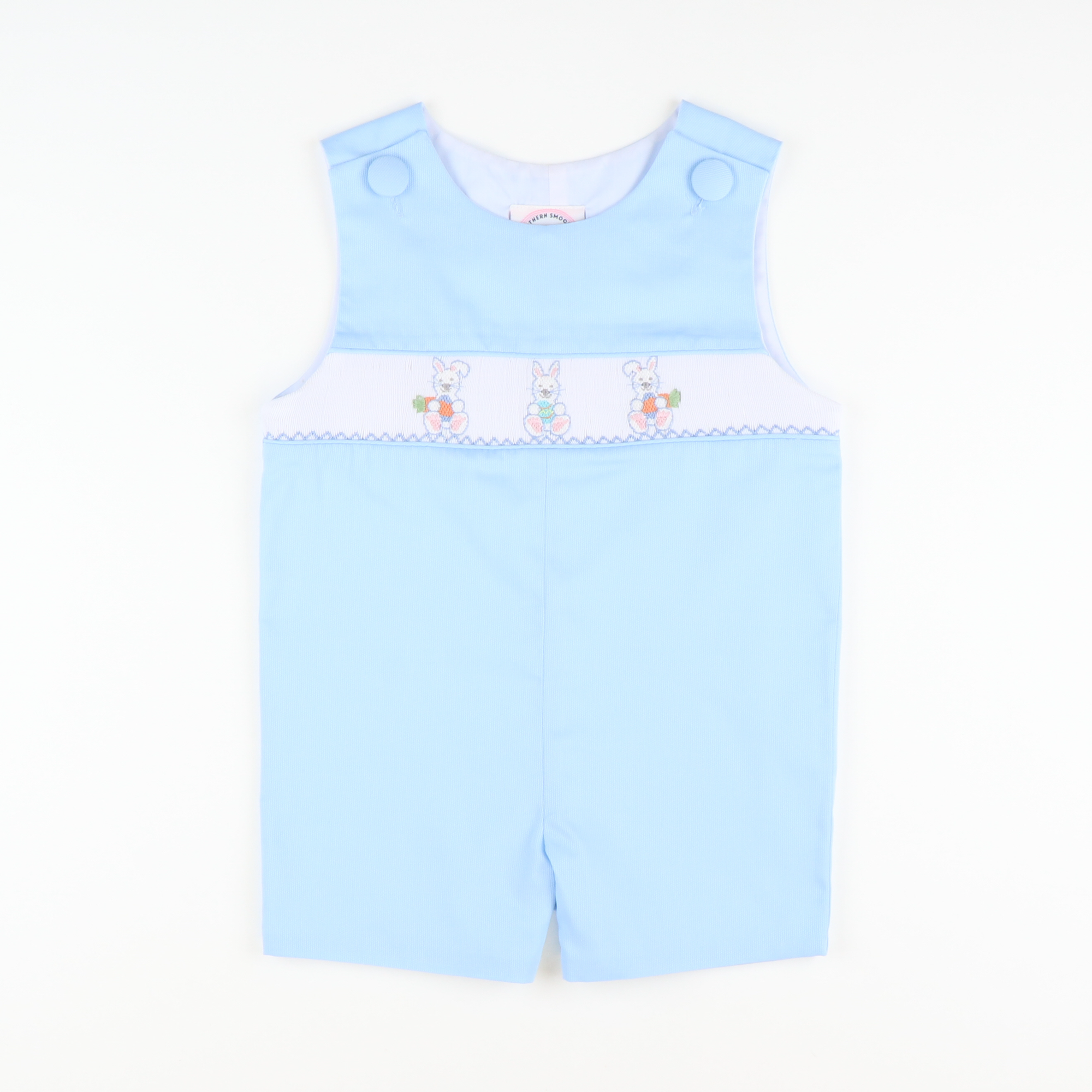 Smocked Easter Bunnies Shortall - Light Blue Pique