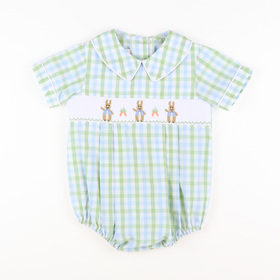 Smocked Classic Storybook Rabbits Collared Boy Bubble - Blue & Green Plaid