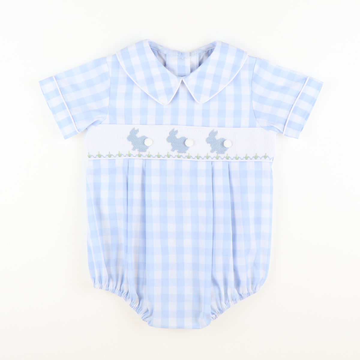 Smocked Silhouette Bunnies Collared Boy Bubble - Light Blue Wide Check