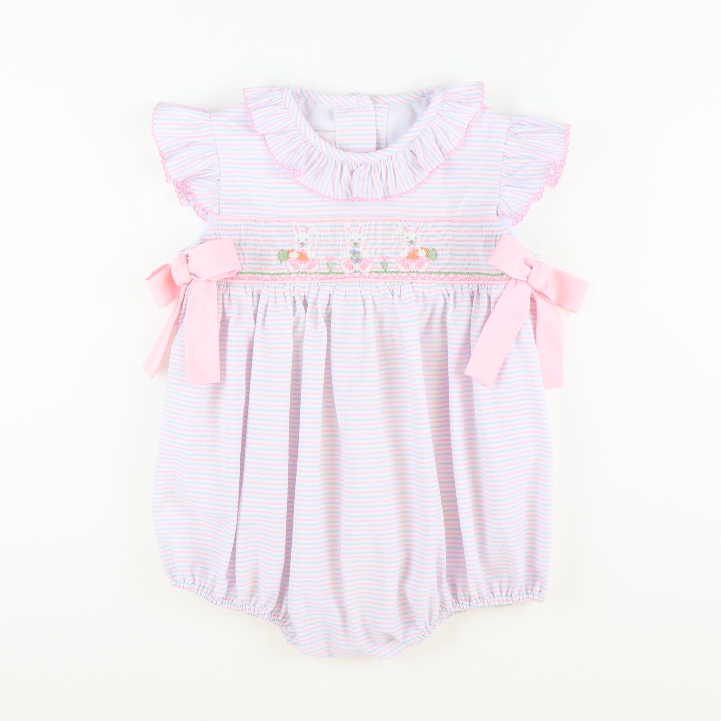 Smocked Easter Bunnies Girl Bubble Blue Pink Stripe Seersucker
