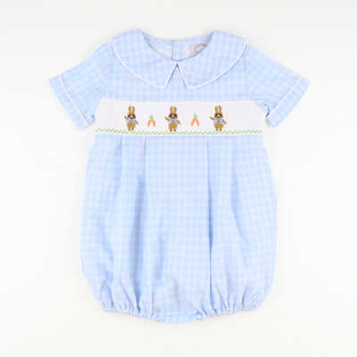 Smocked Storybook Rabbits Boy Collared Bubble - Light Blue Plaid