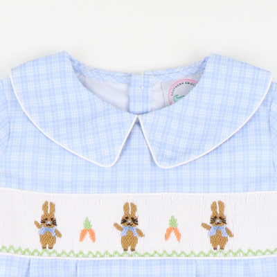Smocked Storybook Rabbits Boy Collared Bubble - Light Blue Plaid