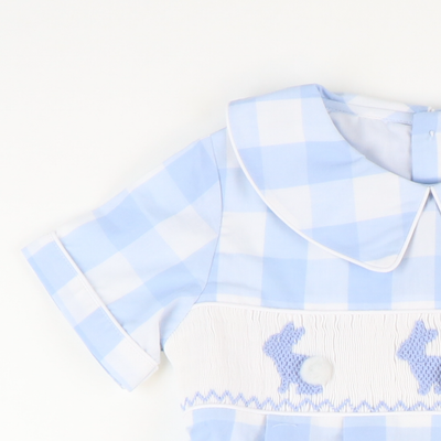 Smocked Blue Silhouette Bunnies Boy Collared Bubble - Light Blue Wide Check