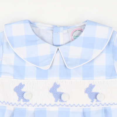 Smocked Blue Silhouette Bunnies Boy Collared Bubble - Light Blue Wide Check