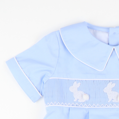 Smocked White Silhouette Bunnies Boy Collared Bubble - Light Blue