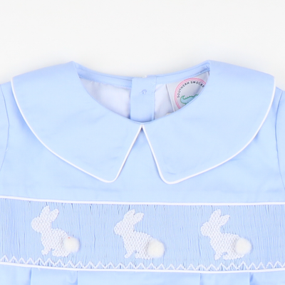 Smocked White Silhouette Bunnies Boy Collared Bubble - Light Blue