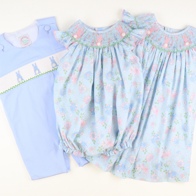 Smocked  Cottontail Bunnies Shortall - Light Blue