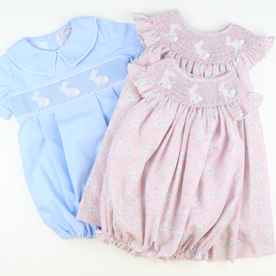 Smocked White Silhouette Bunnies Bishop- Pink Floral