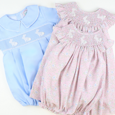 Smocked White Silhouette Bunnies Boy Collared Bubble - Light Blue