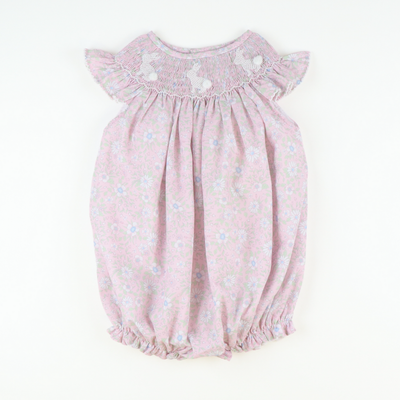 Smocked White Silhouette Bunnies Girl Bubble - Pink Floral - Southern Smocked Co.