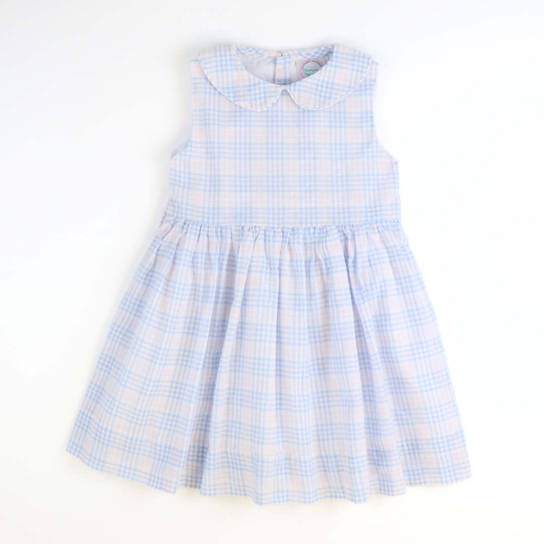 Sunday Brunch Dress - Blue & Pink Plaid Seersucker