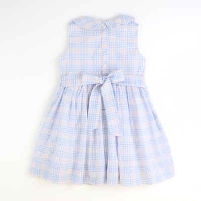 Sunday Brunch Dress - Blue & Pink Plaid Seersucker - Southern Smocked Co.