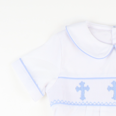 Smocked Cross Boy Collared Romper - White - Southern Smocked Co.