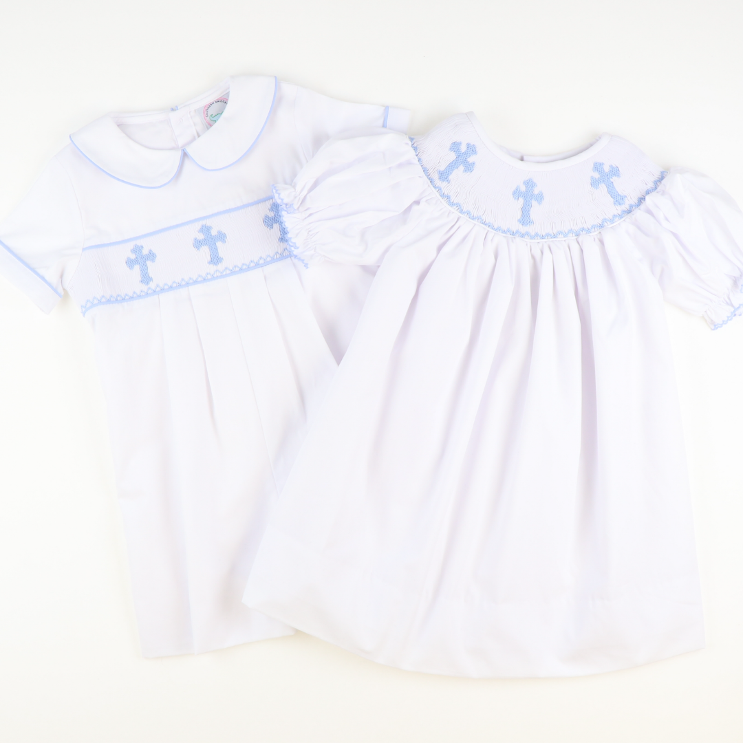 Smocked Cross Boy Collared Romper - White Smocked Cross Boy Collared Romper - White