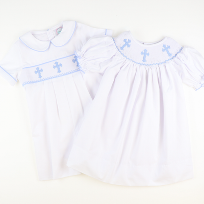 Smocked Cross Boy Collared Romper - White - Southern Smocked Co.